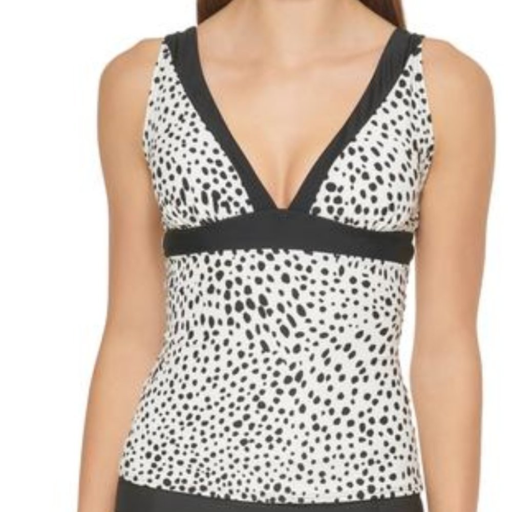 DKNY Printed Tankini Top - Brush Dots Soft White Size Small